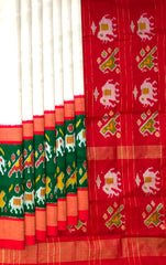 White Green Pochampally Single Ikat Handloom Saree