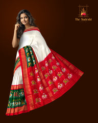 White Green Pochampally Single Ikat Handloom Saree