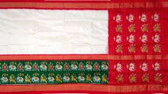White Green Pochampally Single Ikat Handloom Saree