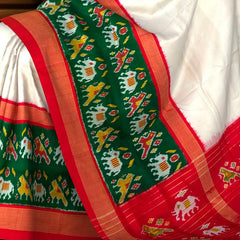 White Green Pochampally Single Ikat Handloom Saree