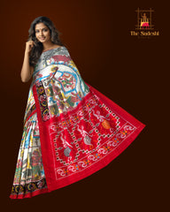 White Maroon Pochampally Single Ikat Handloom Saree