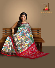 White Maroon Pochampally Single Ikat Handloom Saree