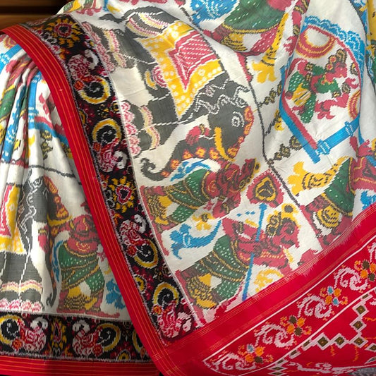 White Maroon Pochampally Single Ikat Handloom Saree