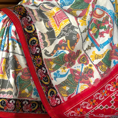 White Maroon Pochampally Single Ikat Handloom Saree