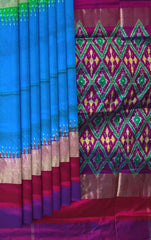 Blue Pochampally Ikat Saree with Multi-Color Border and Ganga Jamuna Kanchi Pallu