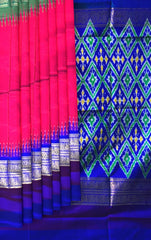 Pink Pochampally Ikat Saree with Multi-Color Border and Blue Pallu