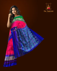 Pink Pochampally Ikat Saree with Multi-Color Border and Blue Pallu