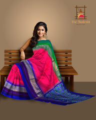 Pink Pochampally Ikat Saree with Multi-Color Border and Blue Pallu