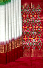 Off White Pochampally Ikat Saree with Multi-Color Border and Ganga Jamuna Kanchi Pallu