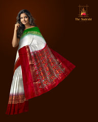 Off White Pochampally Ikat Saree with Multi-Color Border and Ganga Jamuna Kanchi Pallu