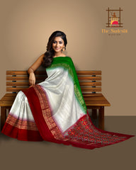 Off White Pochampally Ikat Saree with Multi-Color Border and Ganga Jamuna Kanchi Pallu