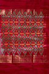 Off White Pochampally Ikat Saree with Multi-Color Border and Ganga Jamuna Kanchi Pallu