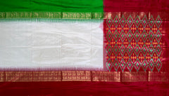 Off White Pochampally Ikat Saree with Multi-Color Border and Ganga Jamuna Kanchi Pallu