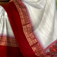 Off White Pochampally Ikat Saree with Multi-Color Border and Ganga Jamuna Kanchi Pallu