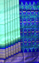 Sky Blue Pochampally Ikat Saree with Blue Border and Pallu