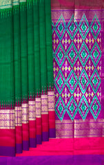 Thick Green Pochampally Ikat Saree with Multi-Color Border and Ganga Jamuna Kanchi Pallu