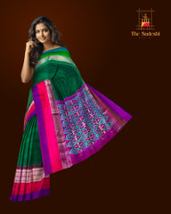 Thick Green Pochampally Ikat Saree with Multi-Color Border and Ganga Jamuna Kanchi Pallu