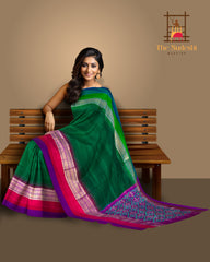 Thick Green Pochampally Ikat Saree with Multi-Color Border and Ganga Jamuna Kanchi Pallu