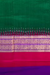 Thick Green Pochampally Ikat Saree with Multi-Color Border and Ganga Jamuna Kanchi Pallu