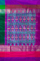 Thick Green Pochampally Ikat Saree with Multi-Color Border and Ganga Jamuna Kanchi Pallu