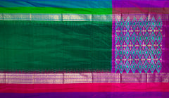 Thick Green Pochampally Ikat Saree with Multi-Color Border and Ganga Jamuna Kanchi Pallu