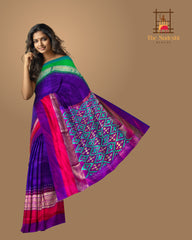 Deep Purple Pochampally Ikat Saree with Multi-Color Border and Ganga Jamuna Kanchi Pallu