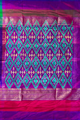 Deep Purple Pochampally Ikat Saree with Multi-Color Border and Ganga Jamuna Kanchi Pallu