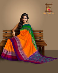 Yellow Pochampally Ikat Saree with Multi-Color Border and Ganga Jamuna Kanchi Pallu