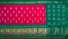 Pink Pochampally Ikat Saree with Green Border and Pallu