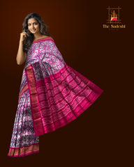 Grey Pochampally Ikat Saree with Red Border and Pallu