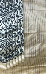 Cream Pochampally Ikat Saree with Matching Cream Border and Pallu