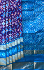 Blue Pochampally Ikat Saree with Sky Blue Border and Pallu