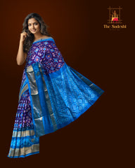 Blue Pochampally Ikat Saree with Sky Blue Border and Pallu