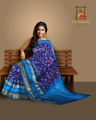 Blue Pochampally Ikat Saree with Sky Blue Border and Pallu