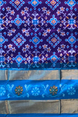 Blue Pochampally Ikat Saree with Sky Blue Border and Pallu