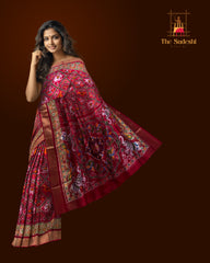 Red Pochampally Ikat Saree with Matching Red Border and Pallu