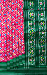 Red Pochampally Ikat Saree with Green Border and Pallu
