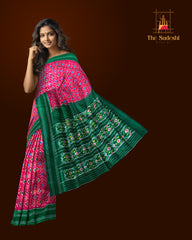Red Pochampally Ikat Saree with Green Border and Pallu