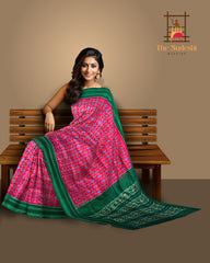 Red Pochampally Ikat Saree with Green Border and Pallu