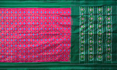 Red Pochampally Ikat Saree with Green Border and Pallu