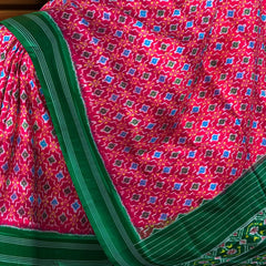 Red Pochampally Ikat Saree with Green Border and Pallu
