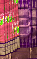 Pink Pochampally Ikat Saree with Purple Border and Pallu