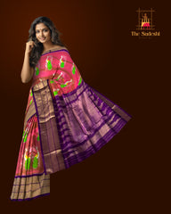 Pink Pochampally Ikat Saree with Purple Border and Pallu