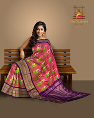 Pink Pochampally Ikat Saree with Purple Border and Pallu