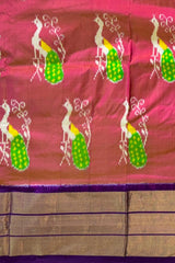 Pink Pochampally Ikat Saree with Purple Border and Pallu