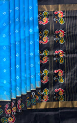 Sky Blue Pochampally Ikat Saree with Black Border and Pallu