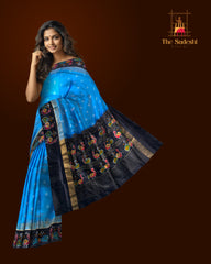 Sky Blue Pochampally Ikat Saree with Black Border and Pallu