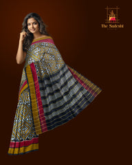 Black Pochampally Ikat Saree with Matching Black Border and Pallu