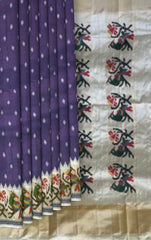 Purple Pochampally Ikat Saree with Off White Border and Pallu