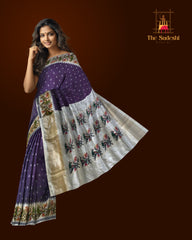 Purple Pochampally Ikat Saree with Off White Border and Pallu